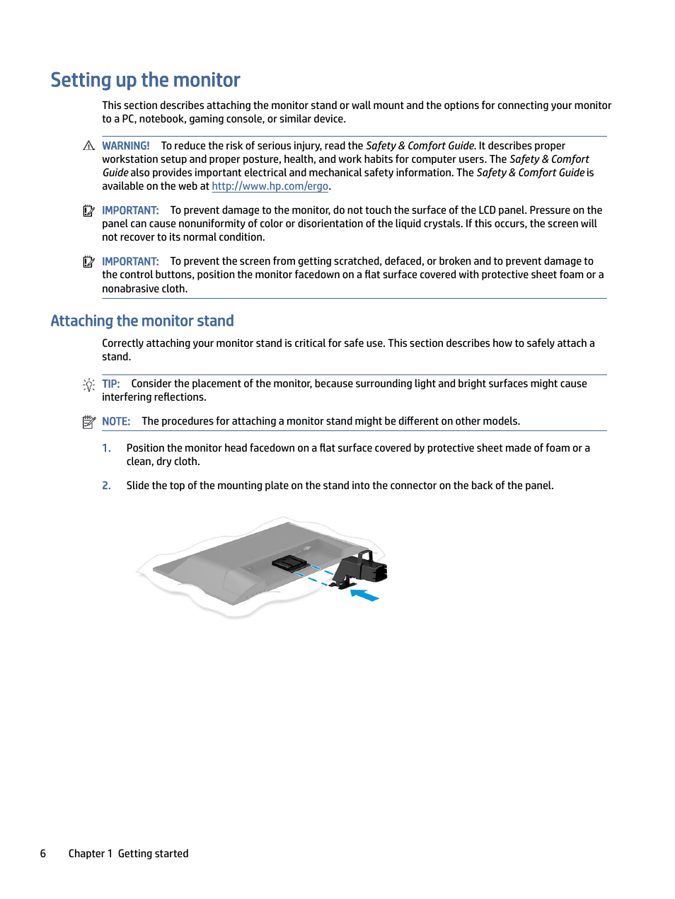 Setting up the monitor, Attaching the monitor stand, Ting up the monitor | Taching the monitor stand | HP P24 G4 23.8" 16:9 IPS Monitor User Manual | Page 11 / 37