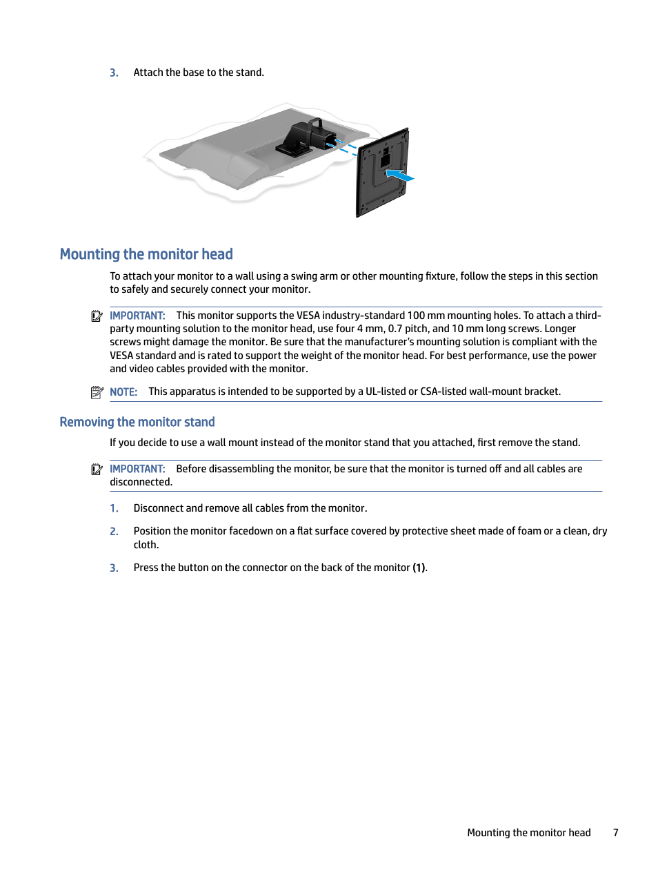 Mounting the monitor head, Removing the monitor stand, Unting the monitor head | Emoving the monitor stand | HP P24 G4 23.8" 16:9 IPS Monitor User Manual | Page 12 / 37