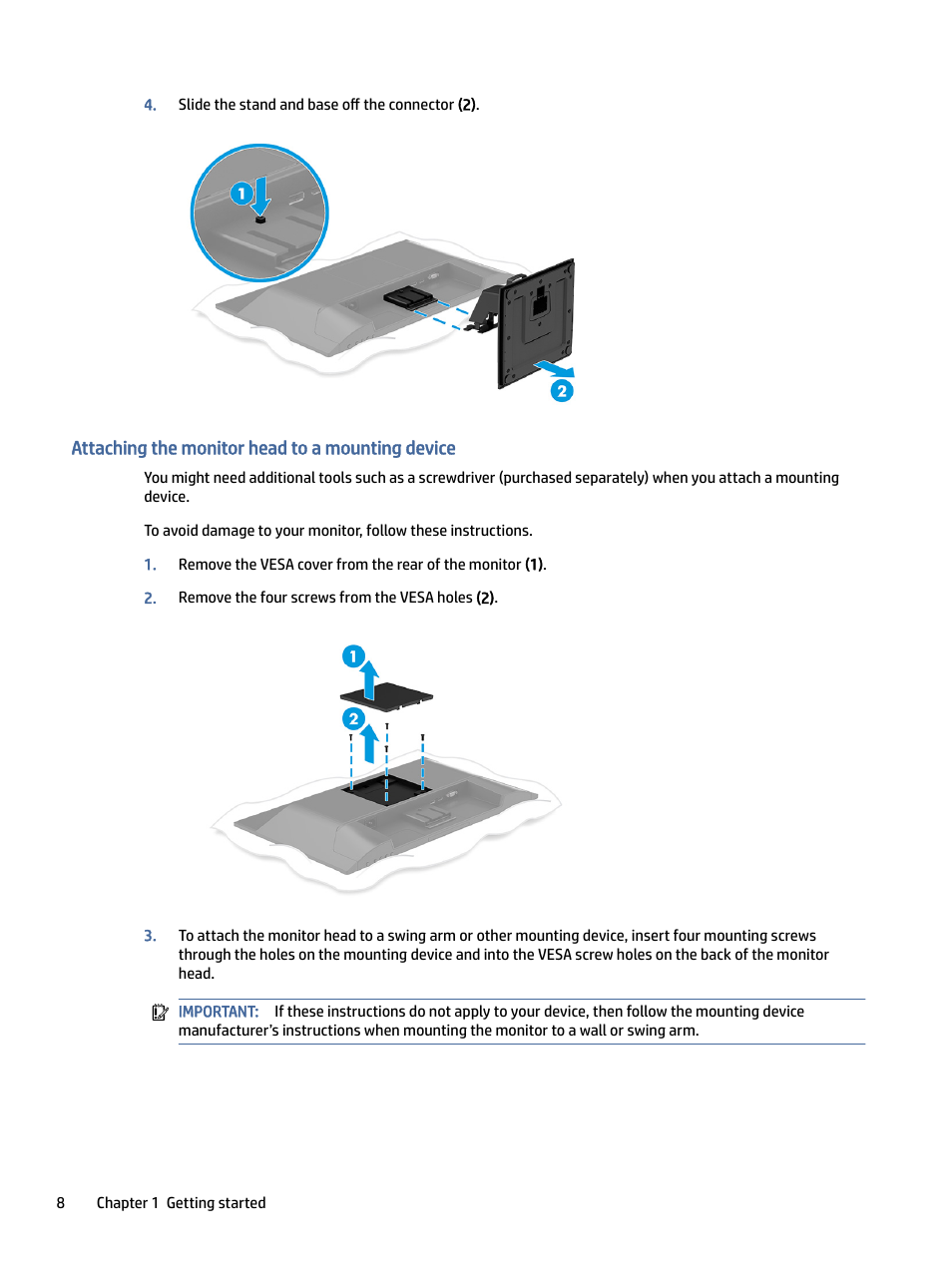 Attaching the monitor head to a mounting device, Taching the monitor head to a mounting device | HP P24 G4 23.8" 16:9 IPS Monitor User Manual | Page 13 / 37