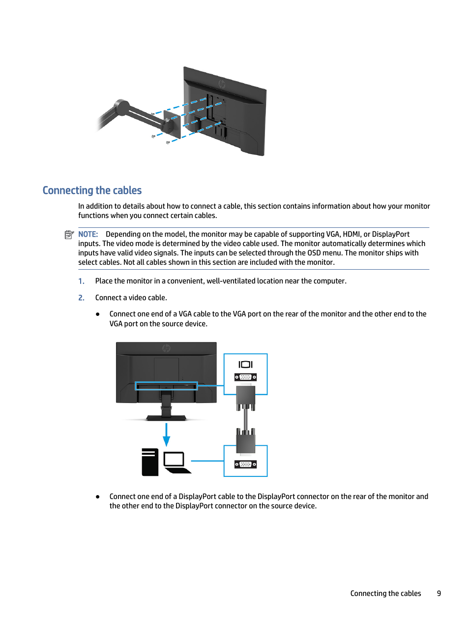 Connecting the cables, Onnecting the cables | HP P24 G4 23.8" 16:9 IPS Monitor User Manual | Page 14 / 37