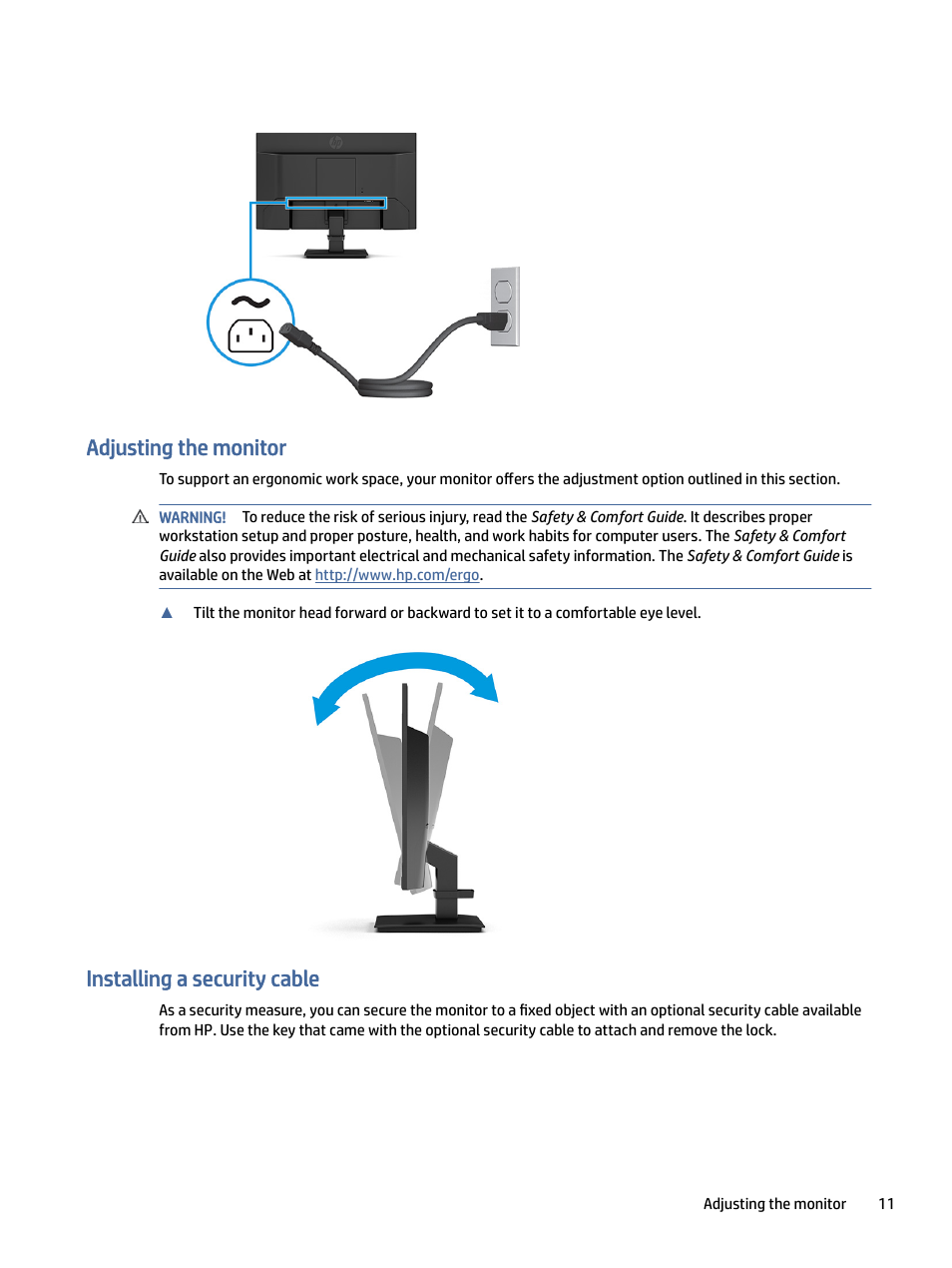 Adjusting the monitor, Installing a security cable, Djusting the monitor | Talling a security cable | HP P24 G4 23.8" 16:9 IPS Monitor User Manual | Page 16 / 37