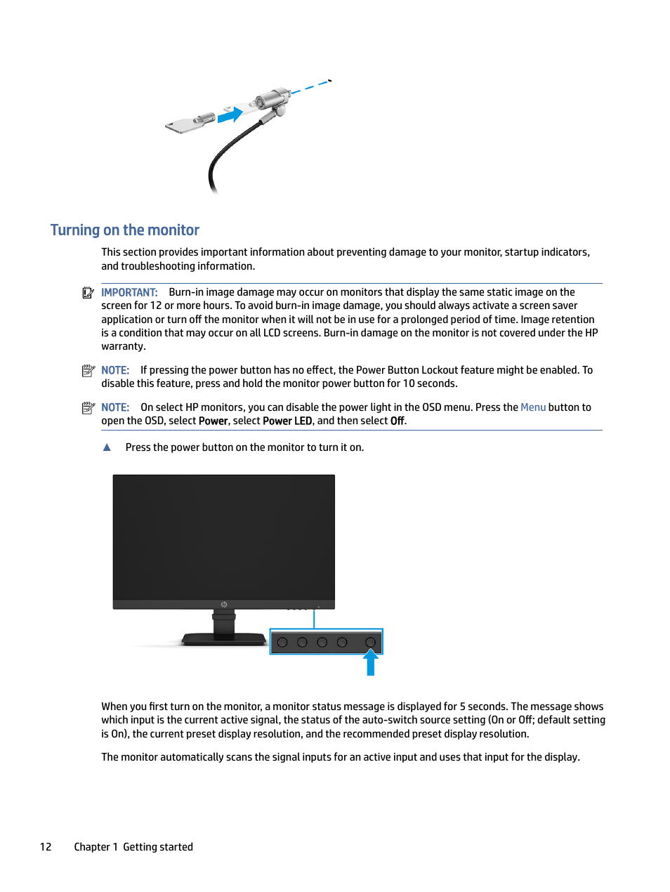 Turning on the monitor, Urning on the monitor | HP P24 G4 23.8" 16:9 IPS Monitor User Manual | Page 17 / 37
