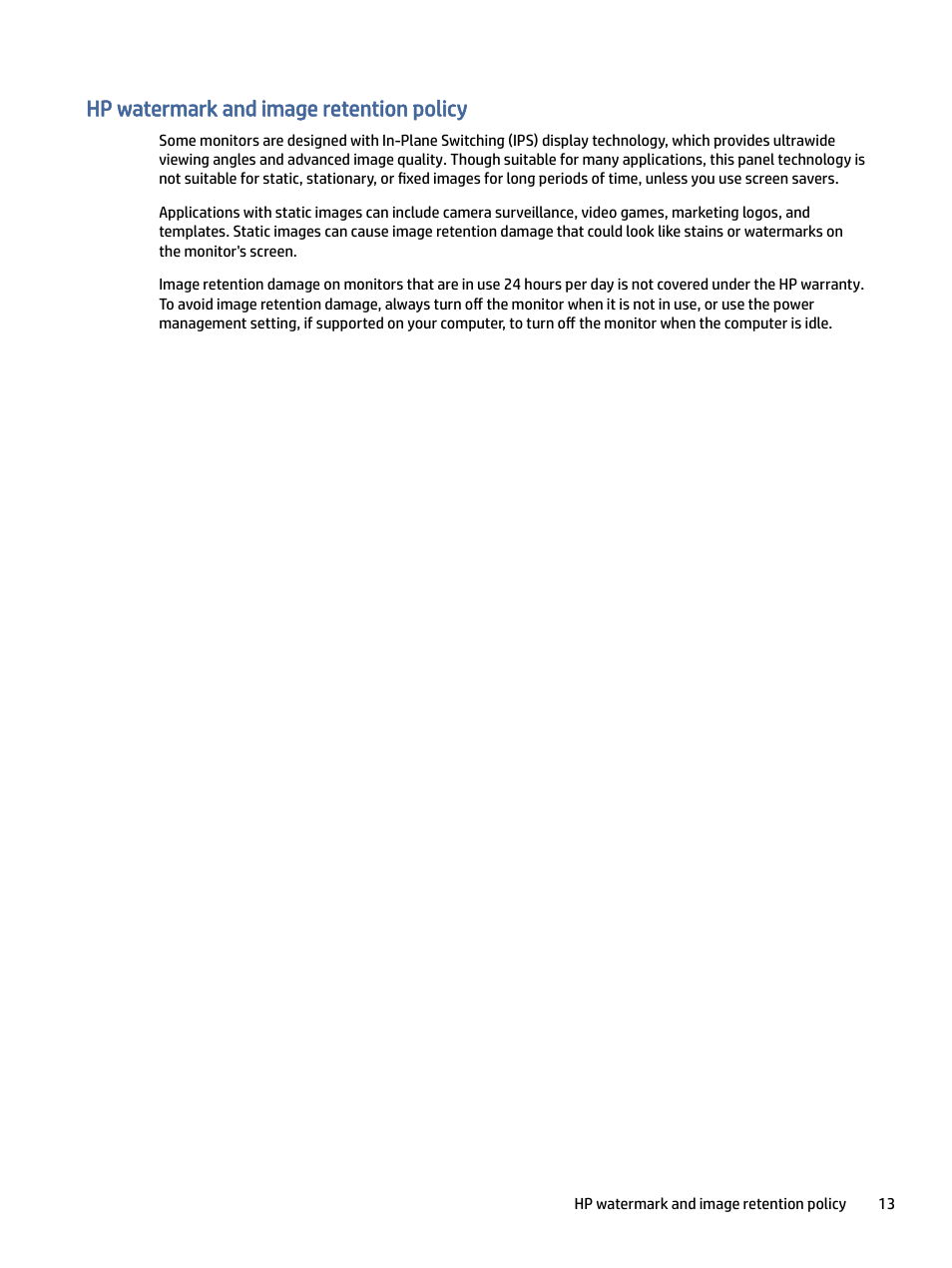 Hp watermark and image retention policy | HP P24 G4 23.8" 16:9 IPS Monitor User Manual | Page 18 / 37
