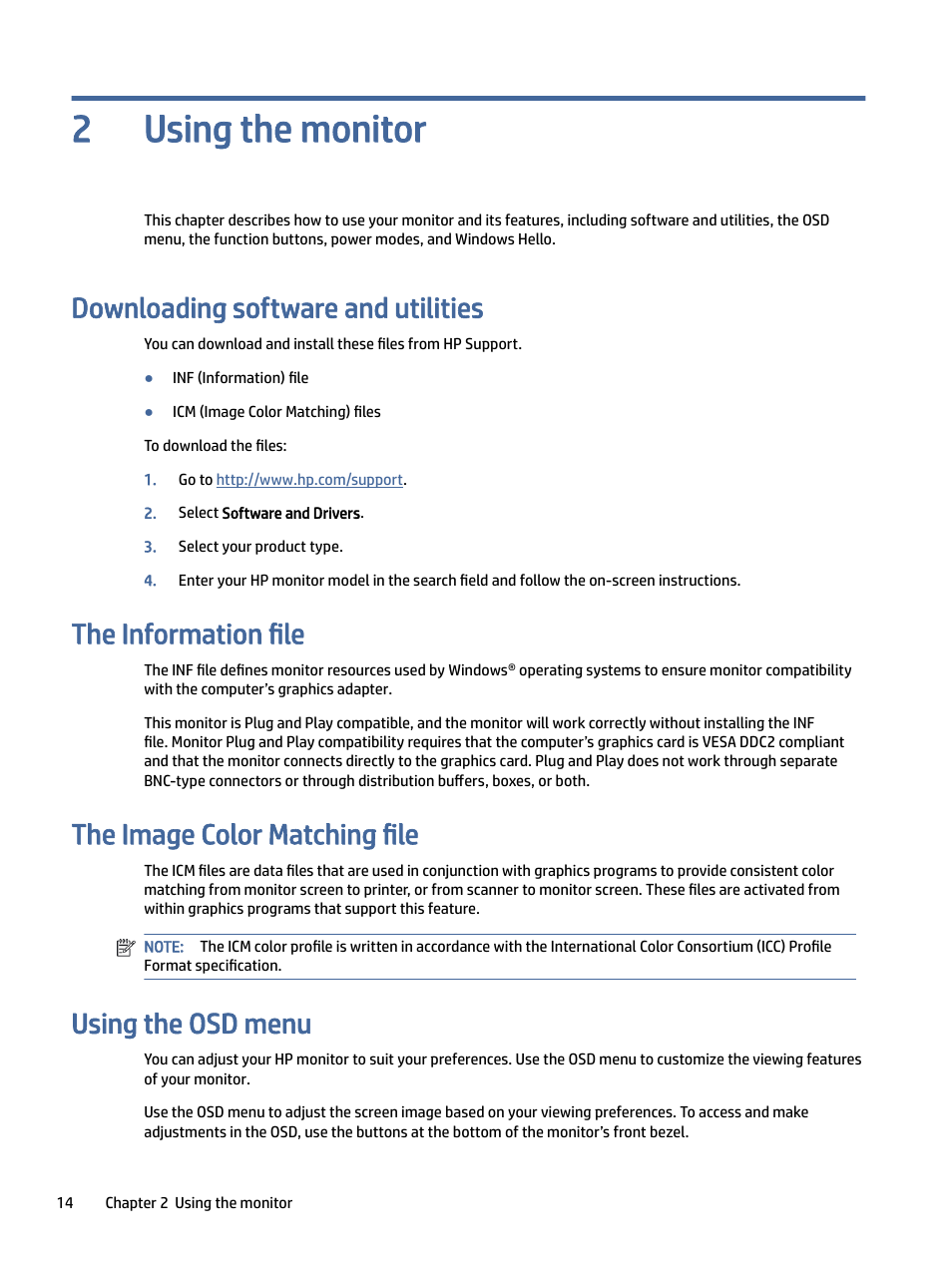 Using the monitor, Downloading software and utilities, The information file | The image color matching file, Using the osd menu, Sing the monitor, Wnloading software and utilities, Sing the osd menu, Using the monitor 2 | HP P24 G4 23.8" 16:9 IPS Monitor User Manual | Page 19 / 37