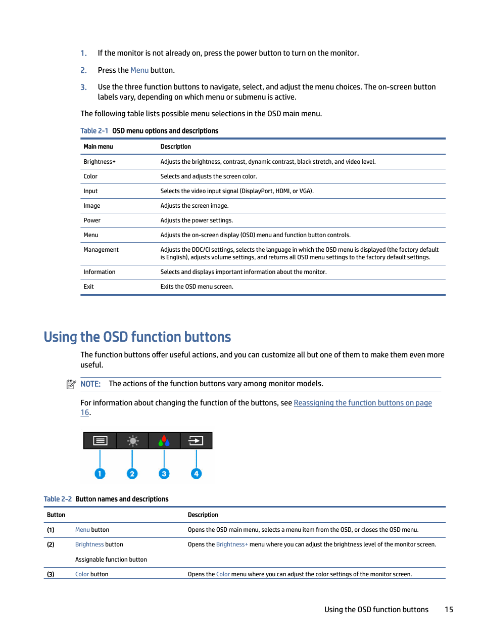 Using the osd function buttons, Sing the osd function buttons, Se functions, see | HP P24 G4 23.8" 16:9 IPS Monitor User Manual | Page 20 / 37