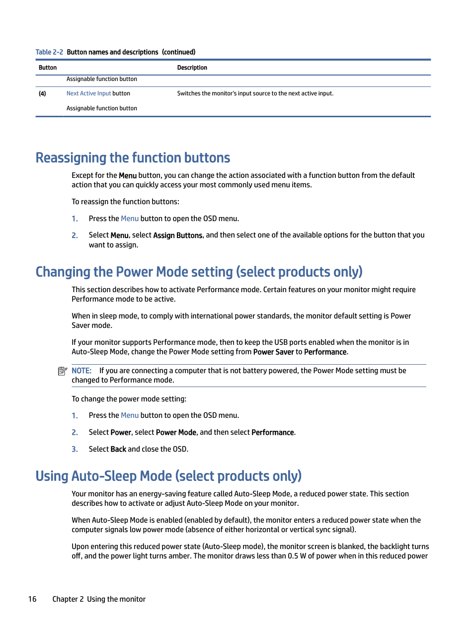 Reassigning the function buttons, Using auto-sleep mode (select products only), Assigning the function buttons | Sing auto-sleep mode (select products only), Tions. see, Using, For more information | HP P24 G4 23.8" 16:9 IPS Monitor User Manual | Page 21 / 37