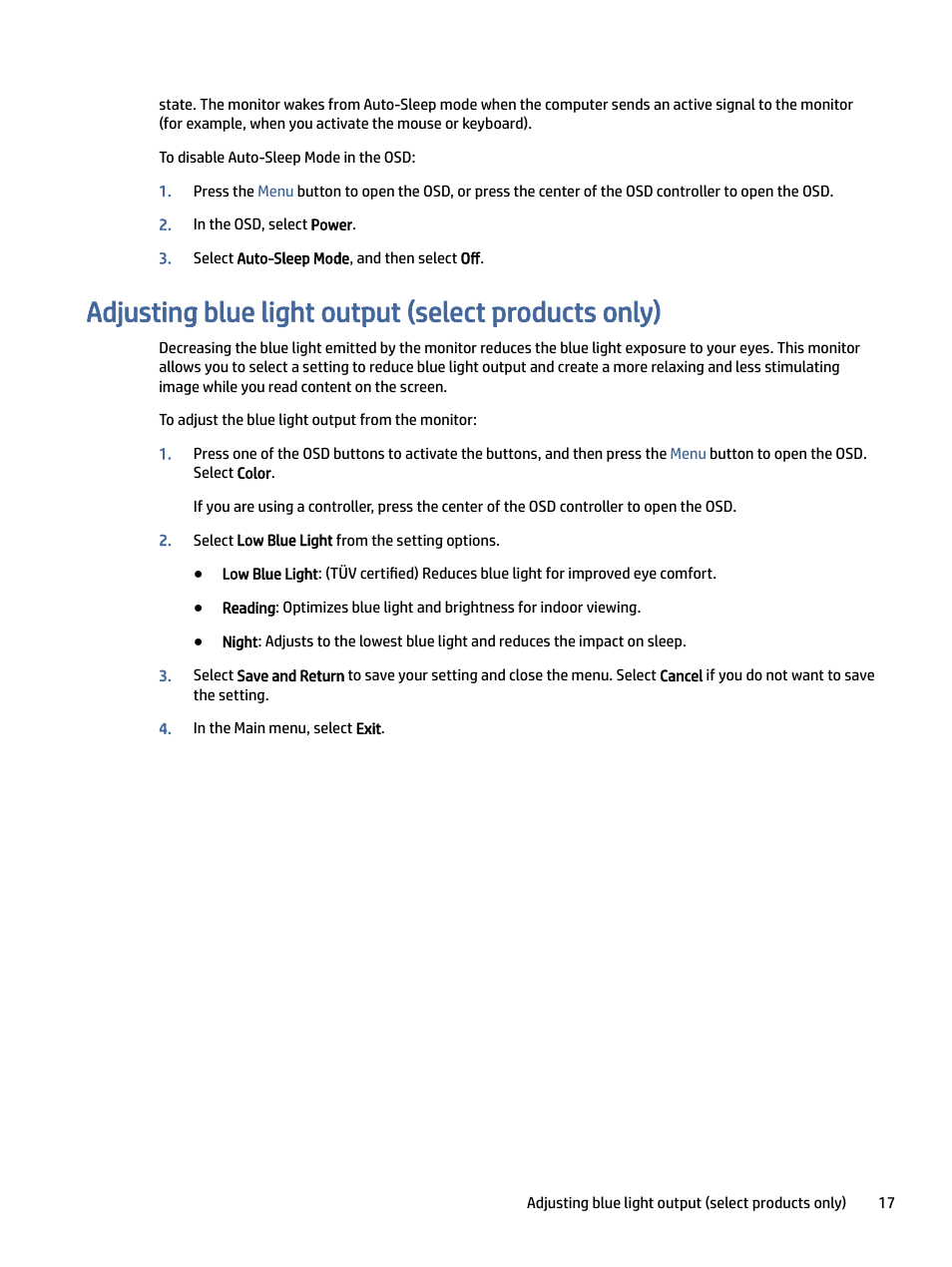 Adjusting blue light output (select products only), Djusting blue light output (select products only) | HP P24 G4 23.8" 16:9 IPS Monitor User Manual | Page 22 / 37
