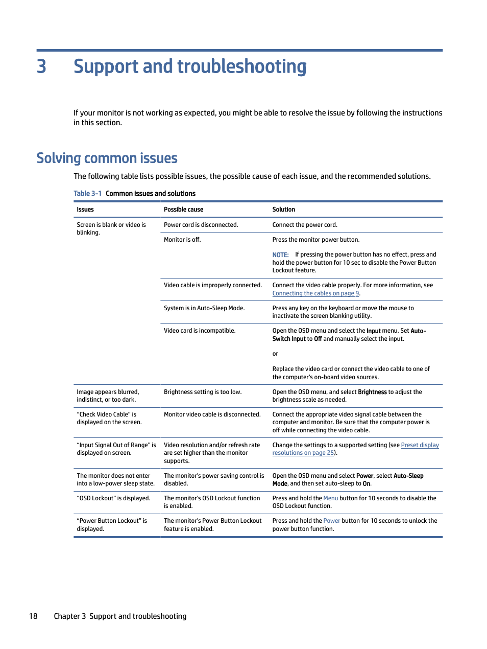 Support and troubleshooting, Solving common issues, Ving common issues | Support and troubleshooting 3 | HP P24 G4 23.8" 16:9 IPS Monitor User Manual | Page 23 / 37