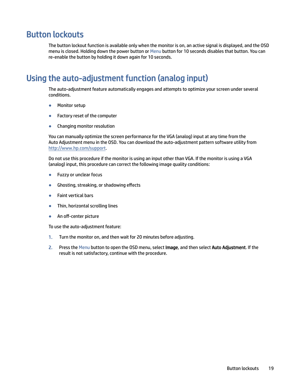 Button lockouts, Using the auto-adjustment function (analog input), On lockouts | Sing the auto-adjustment function (analog input) | HP P24 G4 23.8" 16:9 IPS Monitor User Manual | Page 24 / 37