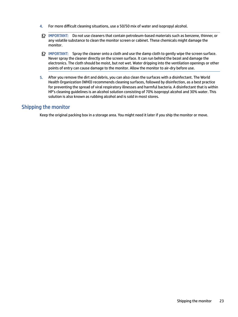 Shipping the monitor, Ping the monitor | HP P24 G4 23.8" 16:9 IPS Monitor User Manual | Page 28 / 37