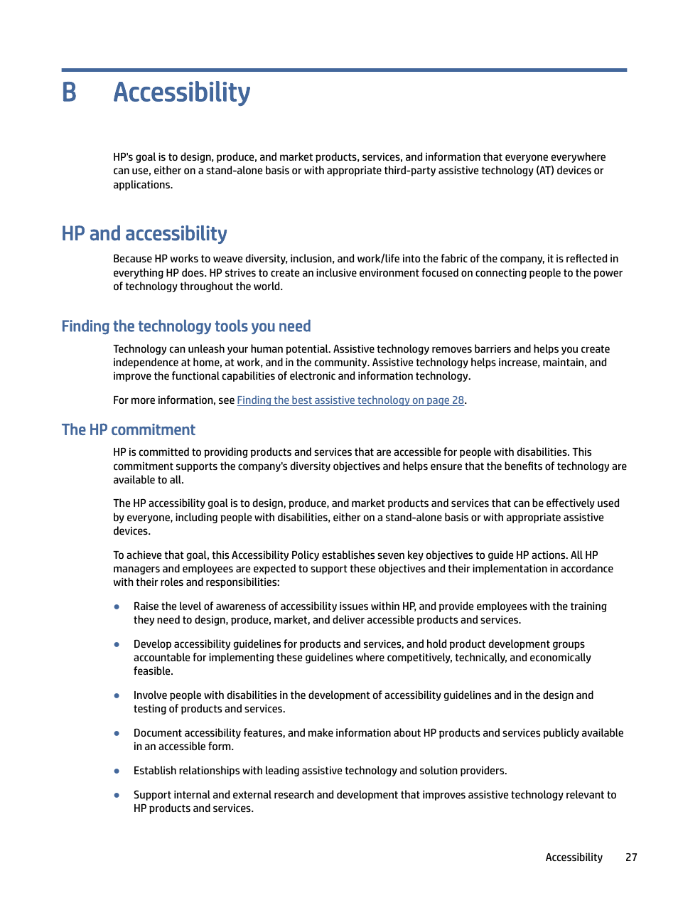 Accessibility, Hp and accessibility, Finding the technology tools you need | The hp commitment, Pendix b accessibility, Accessibility b | HP P24 G4 23.8" 16:9 IPS Monitor User Manual | Page 32 / 37