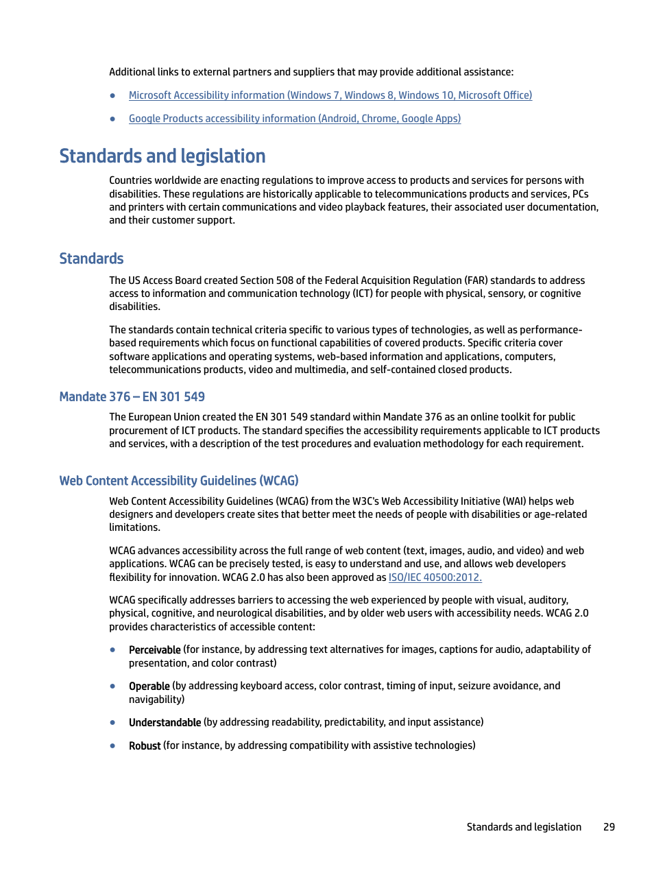 Standards and legislation, Standards, Mandate 376 – en 301 549 | Web content accessibility guidelines (wcag), Tandards and legislation, Tandards, Eb content accessibility guidelines (wcag) | HP P24 G4 23.8" 16:9 IPS Monitor User Manual | Page 34 / 37