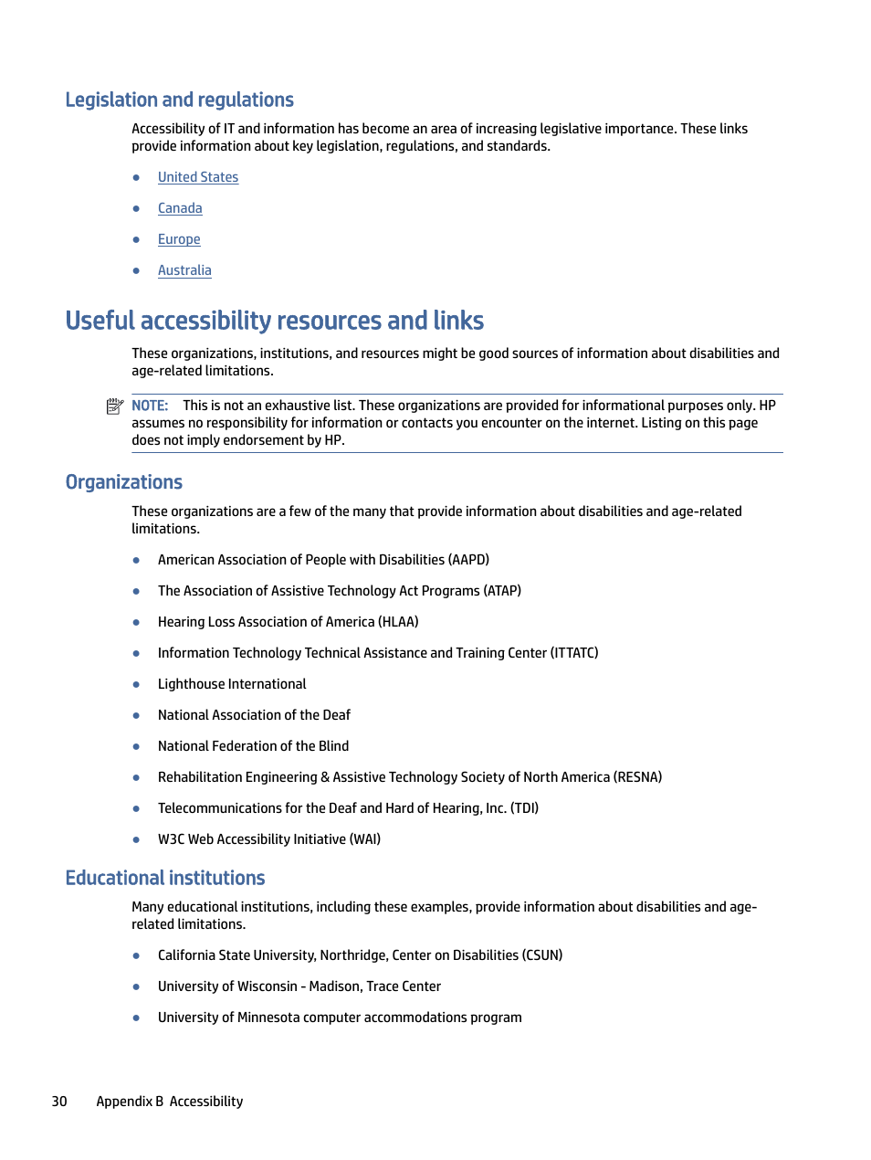 Legislation and regulations, Useful accessibility resources and links, Organizations | Educational institutions, Egislation and regulations, Ful accessibility resources and links, Anizations, Ducational institutions | HP P24 G4 23.8" 16:9 IPS Monitor User Manual | Page 35 / 37