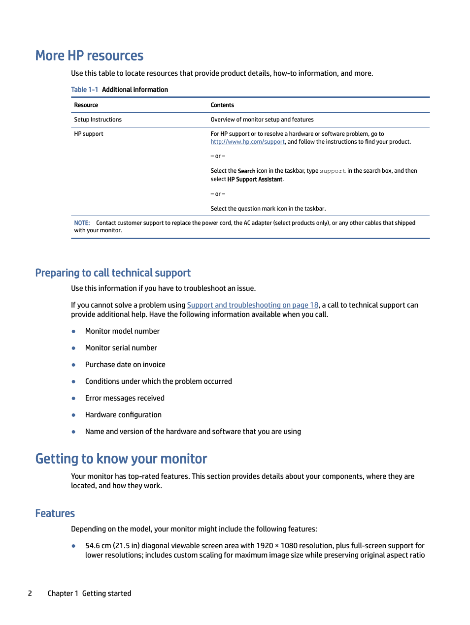 More hp resources, Preparing to call technical support, Getting to know your monitor | Features, E hp resources, Eparing to call technical support, Ting to know your monitor, Tures | HP P24 G4 23.8" 16:9 IPS Monitor User Manual | Page 7 / 37