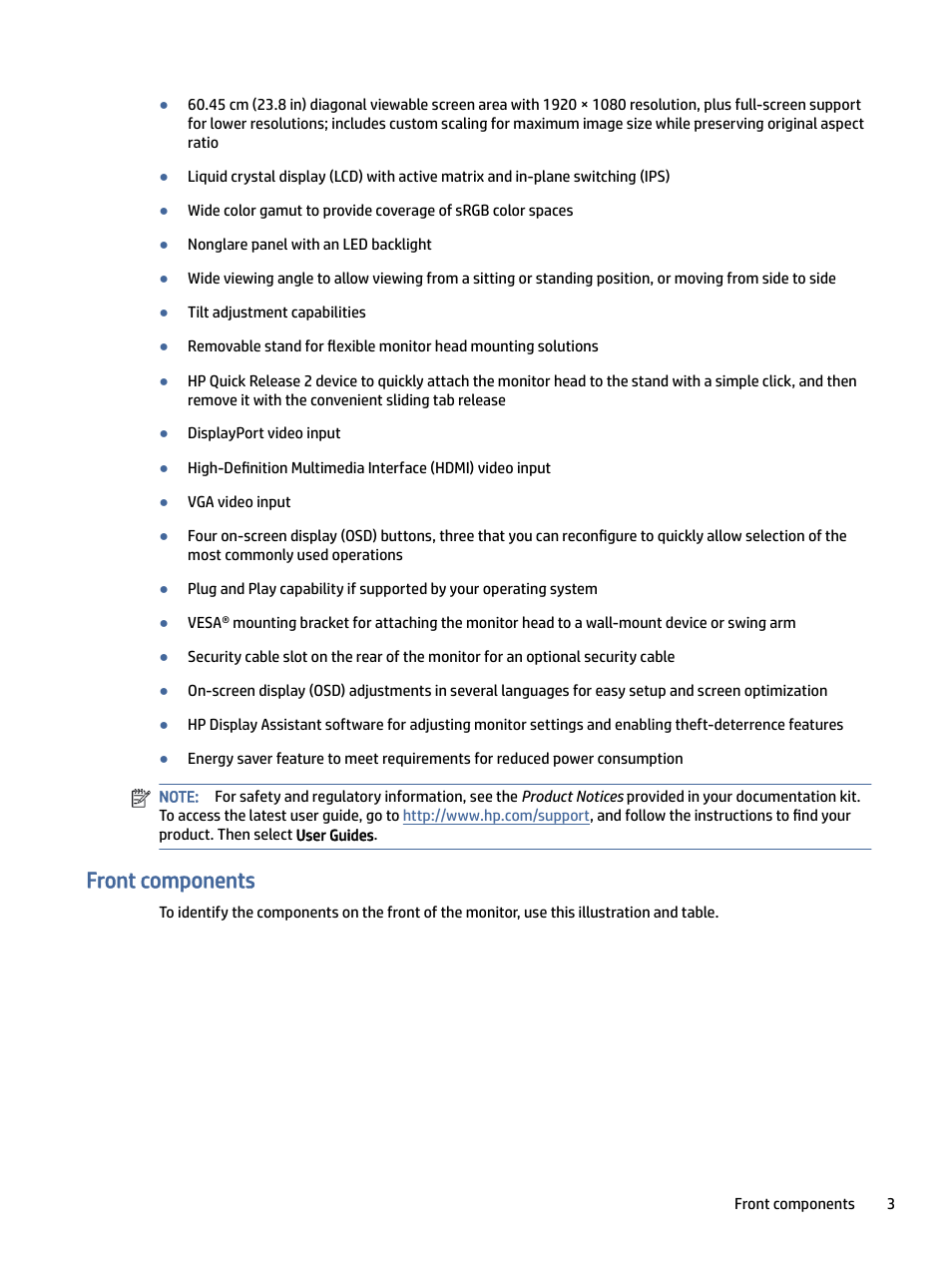 Front components, Ont components | HP P24 G4 23.8" 16:9 IPS Monitor User Manual | Page 8 / 37