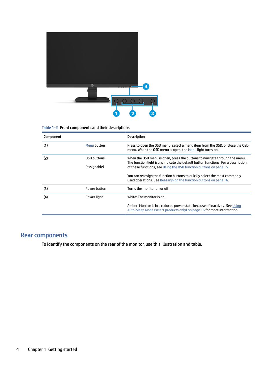 Rear components, Ar components | HP P24 G4 23.8" 16:9 IPS Monitor User Manual | Page 9 / 37