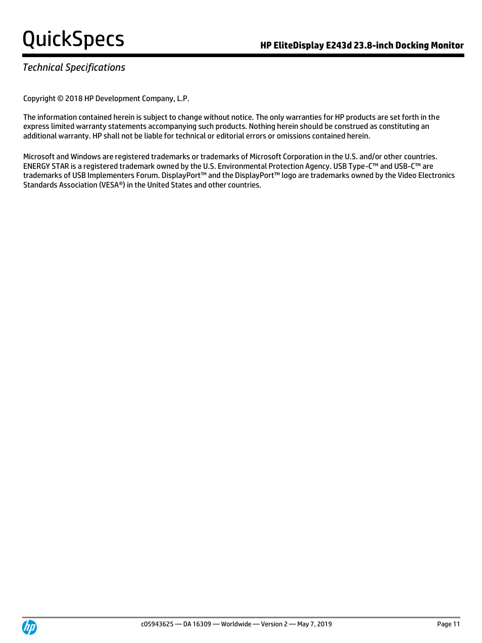 Quickspecs, Technical specifications | HP EliteDisplay E243d 23.8" Docking Monitor with Stand (Smart Buy) User Manual | Page 11 / 12