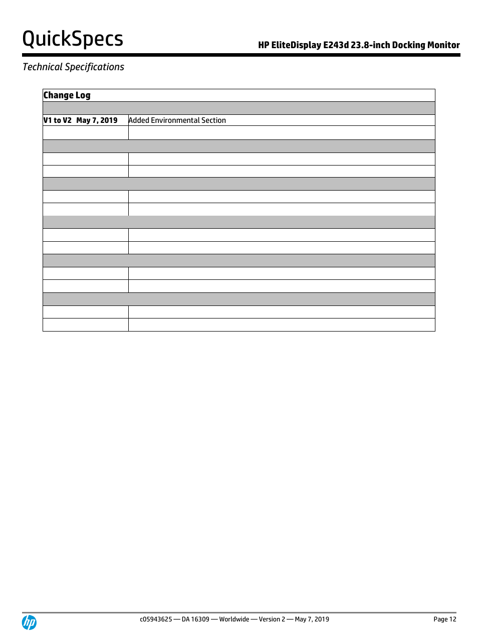 Quickspecs, Technical specifications | HP EliteDisplay E243d 23.8" Docking Monitor with Stand (Smart Buy) User Manual | Page 12 / 12