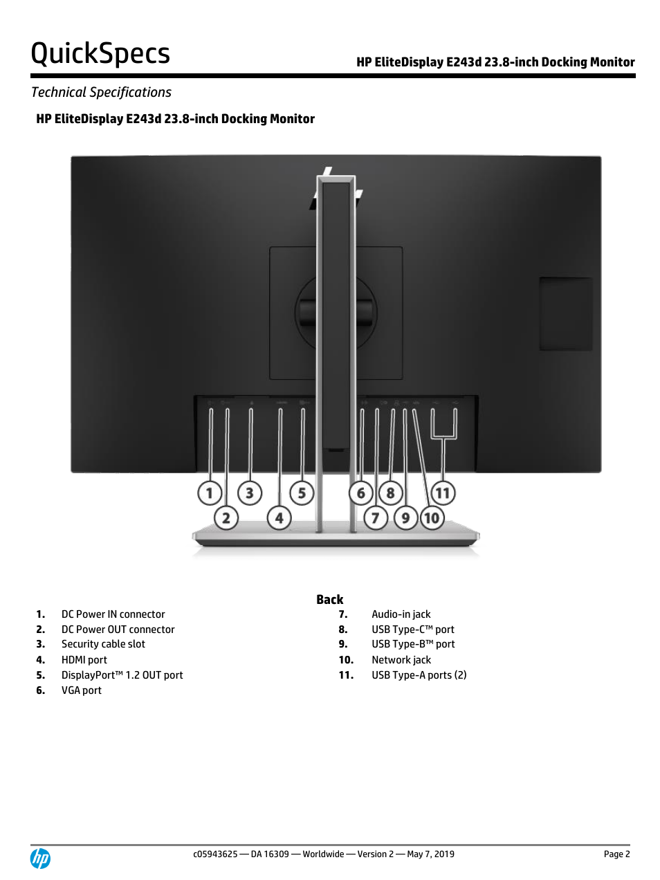Quickspecs, Technical specifications | HP EliteDisplay E243d 23.8" Docking Monitor with Stand (Smart Buy) User Manual | Page 2 / 12