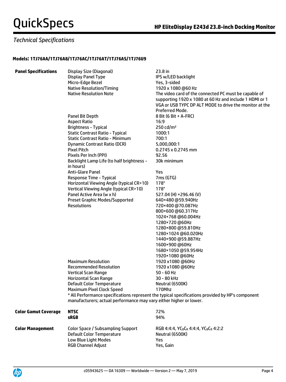 Quickspecs, Technical specifications | HP EliteDisplay E243d 23.8" Docking Monitor with Stand (Smart Buy) User Manual | Page 4 / 12