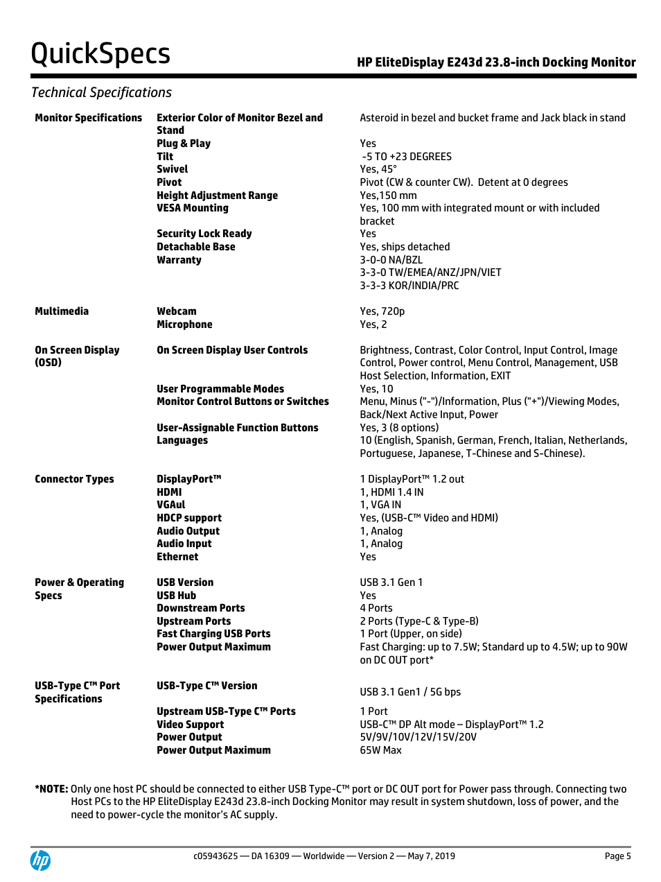 Quickspecs, Technical specifications | HP EliteDisplay E243d 23.8" Docking Monitor with Stand (Smart Buy) User Manual | Page 5 / 12