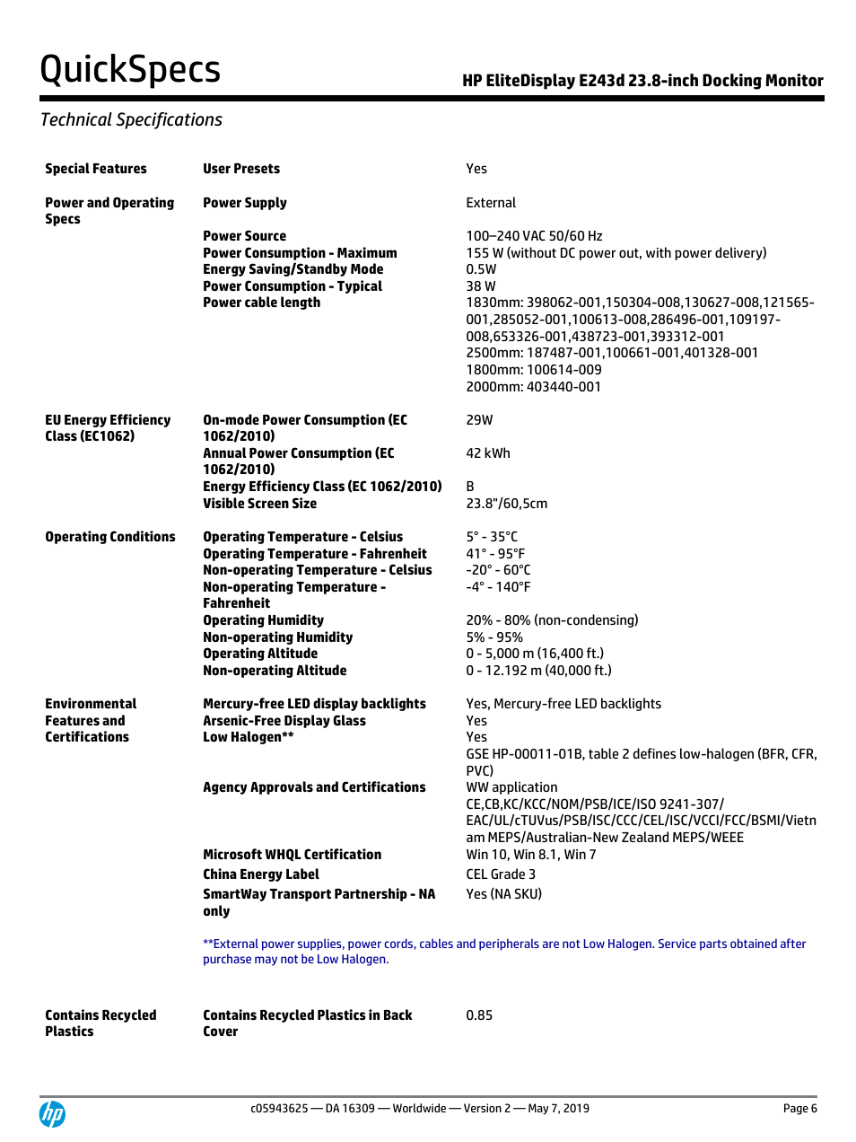 Quickspecs, Technical specifications | HP EliteDisplay E243d 23.8" Docking Monitor with Stand (Smart Buy) User Manual | Page 6 / 12
