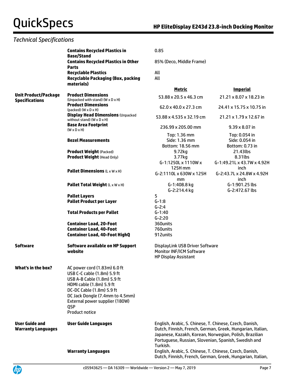 Quickspecs, Technical specifications | HP EliteDisplay E243d 23.8" Docking Monitor with Stand (Smart Buy) User Manual | Page 7 / 12