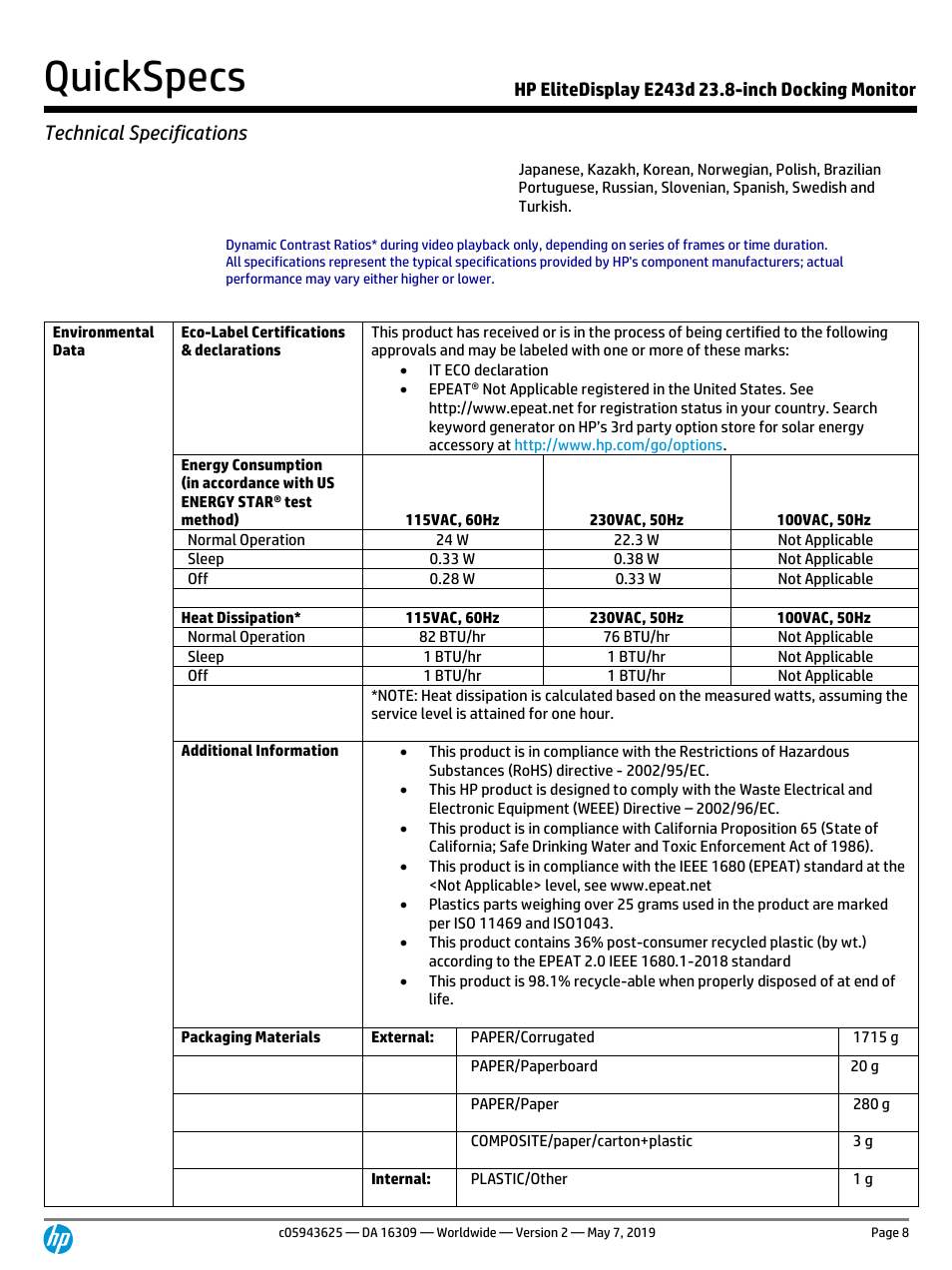 Quickspecs, Technical specifications | HP EliteDisplay E243d 23.8" Docking Monitor with Stand (Smart Buy) User Manual | Page 8 / 12