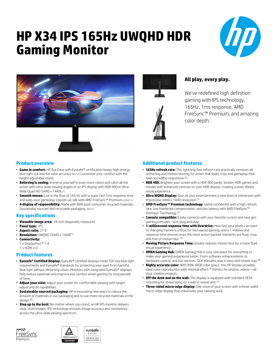 HP X34 34" 16:9 FreeSync 165 Hz IPS Gaming Monitor User Manual | 2 pages