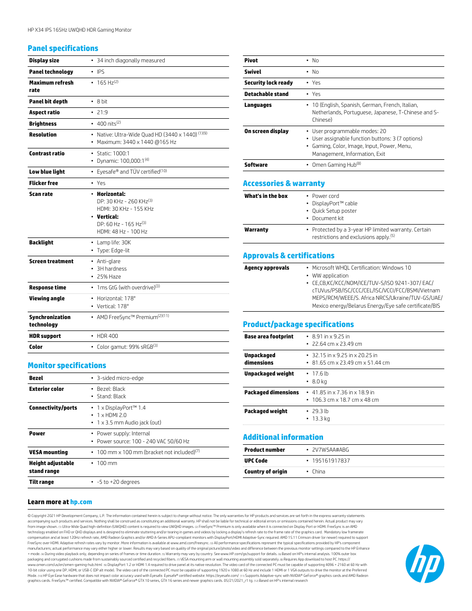 Panel specifications, Monitor specifications, Accessories & warranty | Approvals & certifications, Product/package specifications, Additional information | HP X34 34" 16:9 FreeSync 165 Hz IPS Gaming Monitor User Manual | Page 2 / 2
