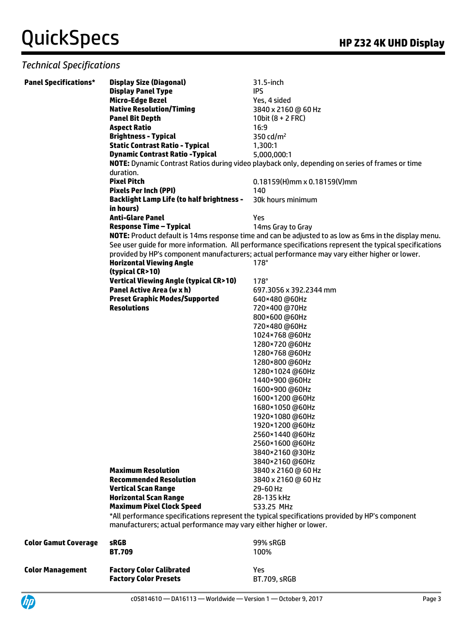 Quickspecs, Hp z32 4k uhd display, Technical specifications | HP Z32 31.5" 16:9 4K UHD IPS Display (Smart Buy) User Manual | Page 3 / 9