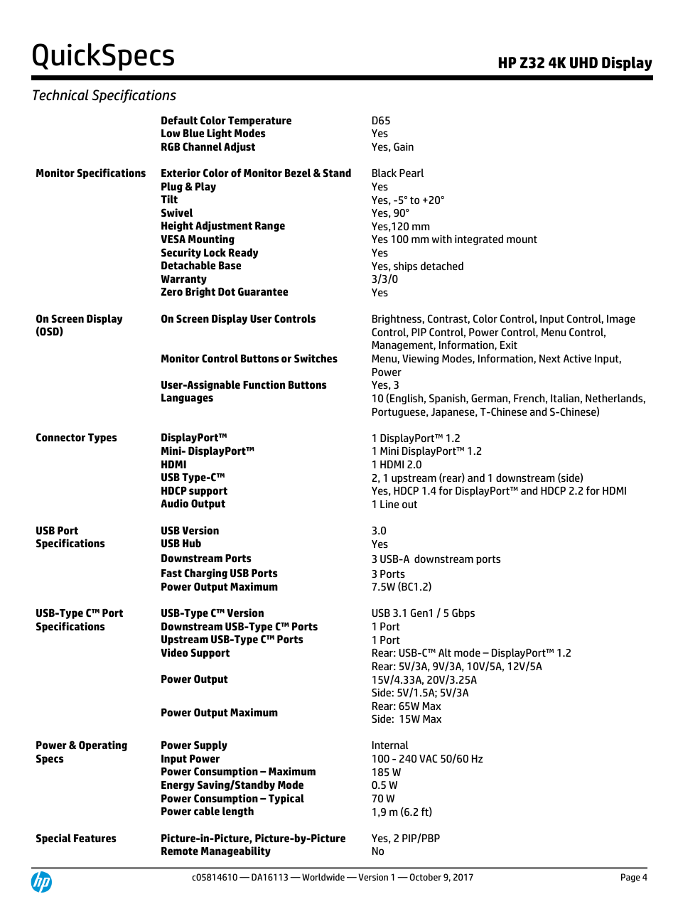 Quickspecs, Hp z32 4k uhd display, Technical specifications | HP Z32 31.5" 16:9 4K UHD IPS Display (Smart Buy) User Manual | Page 4 / 9