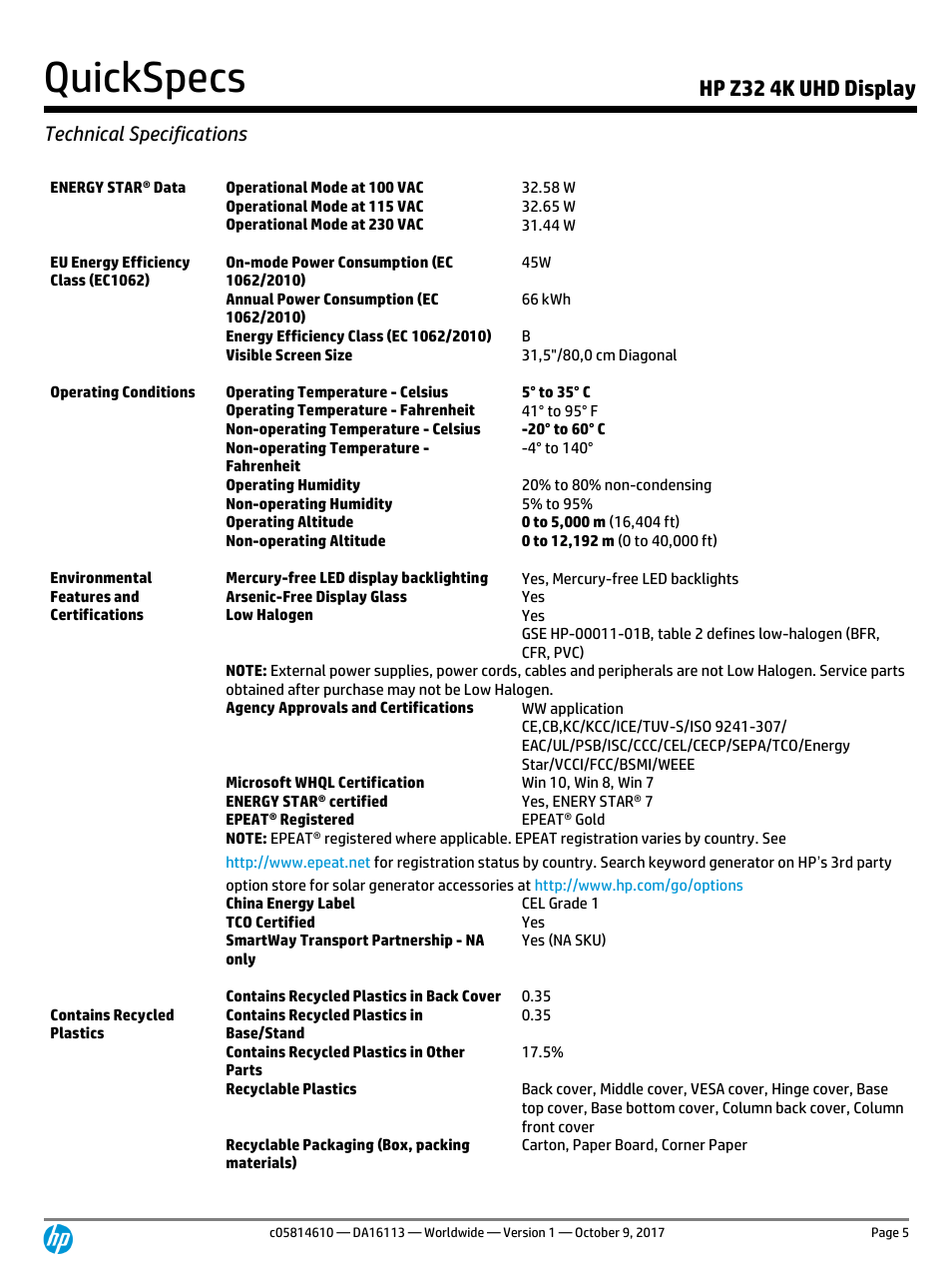 Quickspecs, Hp z32 4k uhd display, Technical specifications | HP Z32 31.5" 16:9 4K UHD IPS Display (Smart Buy) User Manual | Page 5 / 9