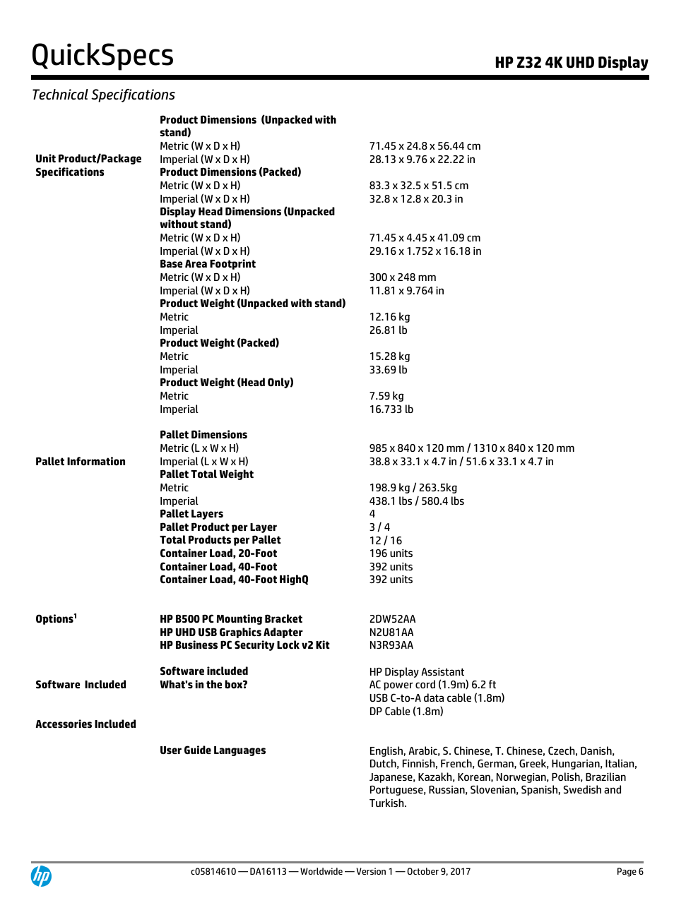 Quickspecs, Hp z32 4k uhd display, Technical specifications | HP Z32 31.5" 16:9 4K UHD IPS Display (Smart Buy) User Manual | Page 6 / 9
