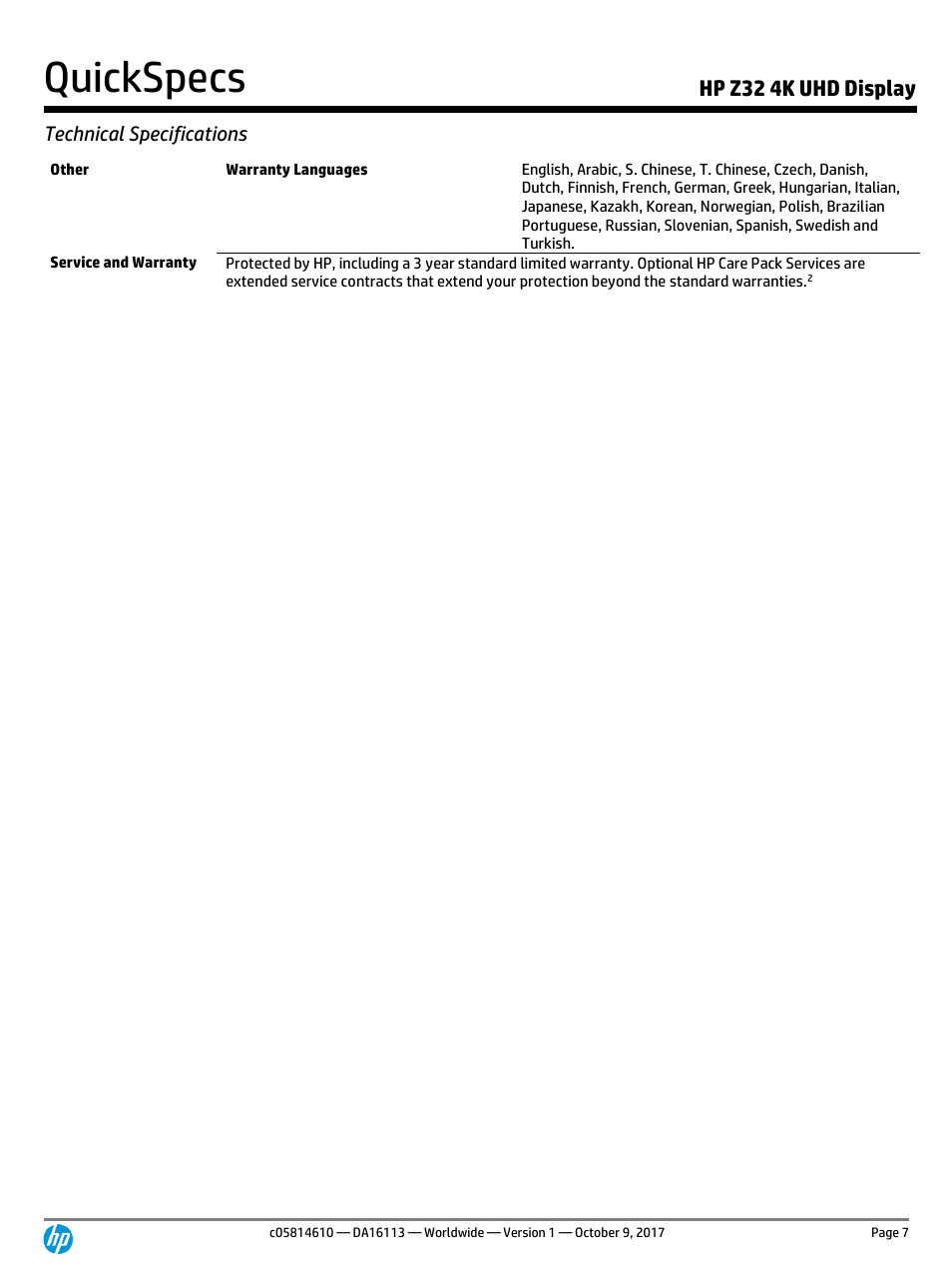 Quickspecs, Hp z32 4k uhd display, Technical specifications | HP Z32 31.5" 16:9 4K UHD IPS Display (Smart Buy) User Manual | Page 7 / 9