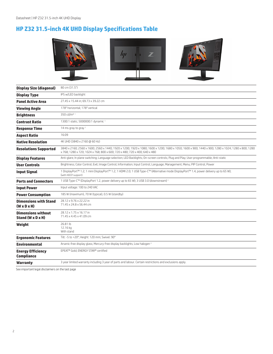 HP Z32 31.5" 16:9 4K UHD IPS Display (Smart Buy) User Manual | Page 2 / 4
