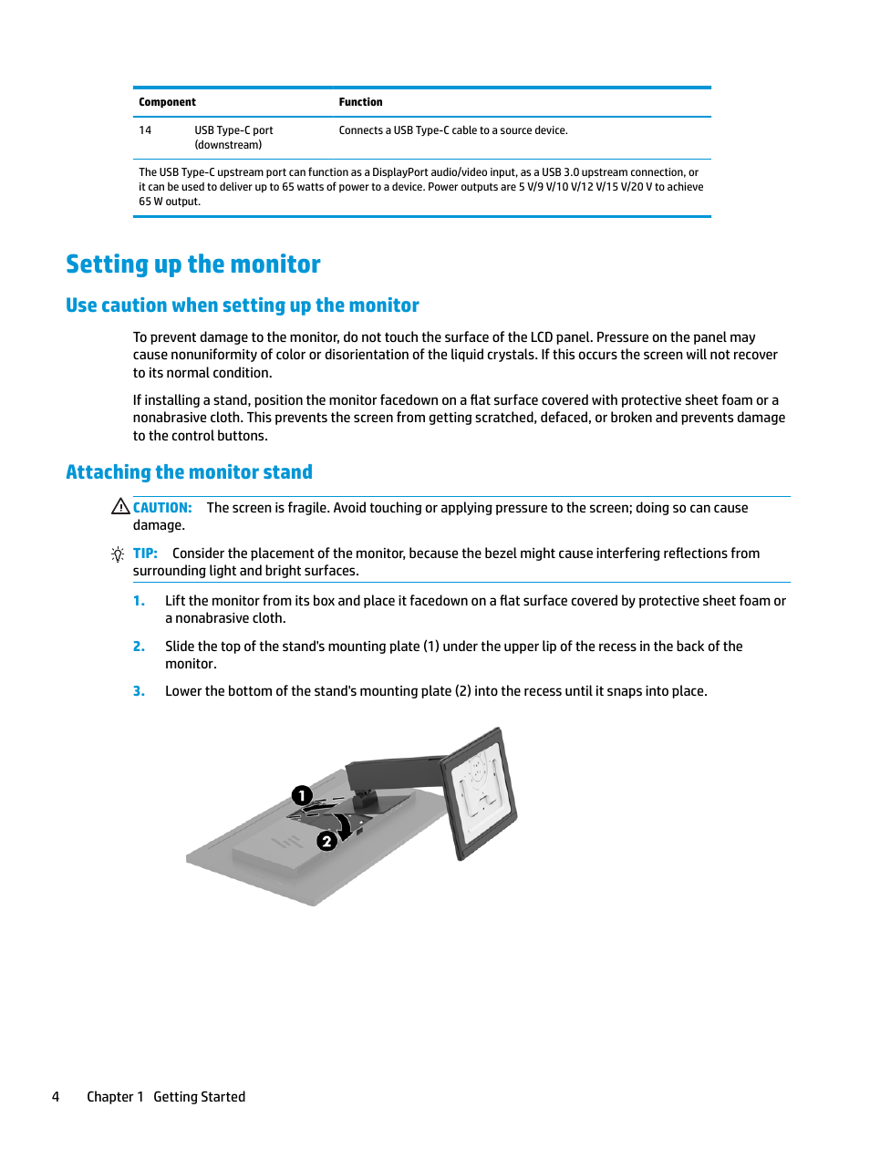 Setting up the monitor, Use caution when setting up the monitor, Attaching the monitor stand | HP Z32 31.5" 16:9 4K UHD IPS Display (Smart Buy) User Manual | Page 10 / 29