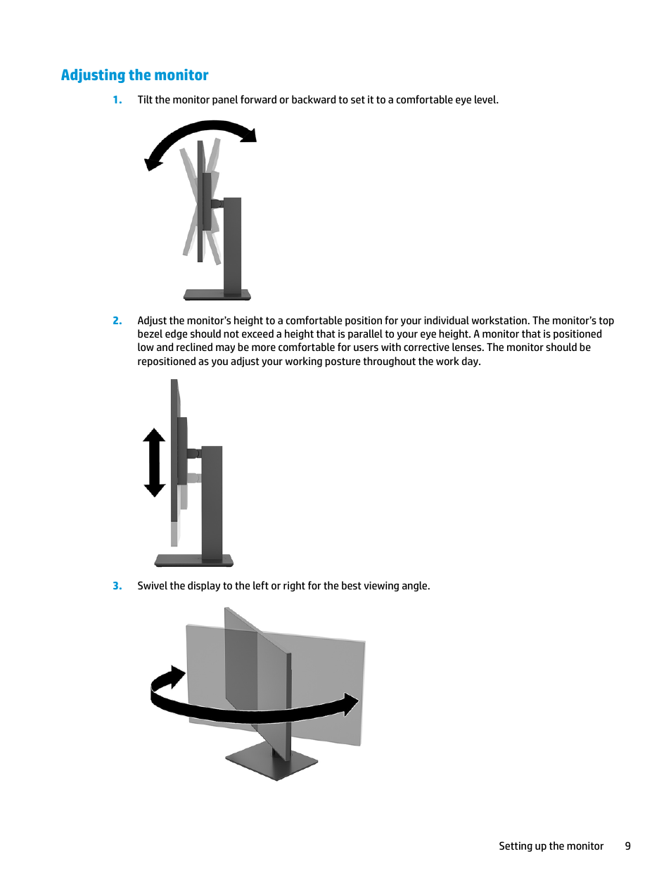 Adjusting the monitor | HP Z32 31.5" 16:9 4K UHD IPS Display (Smart Buy) User Manual | Page 15 / 29