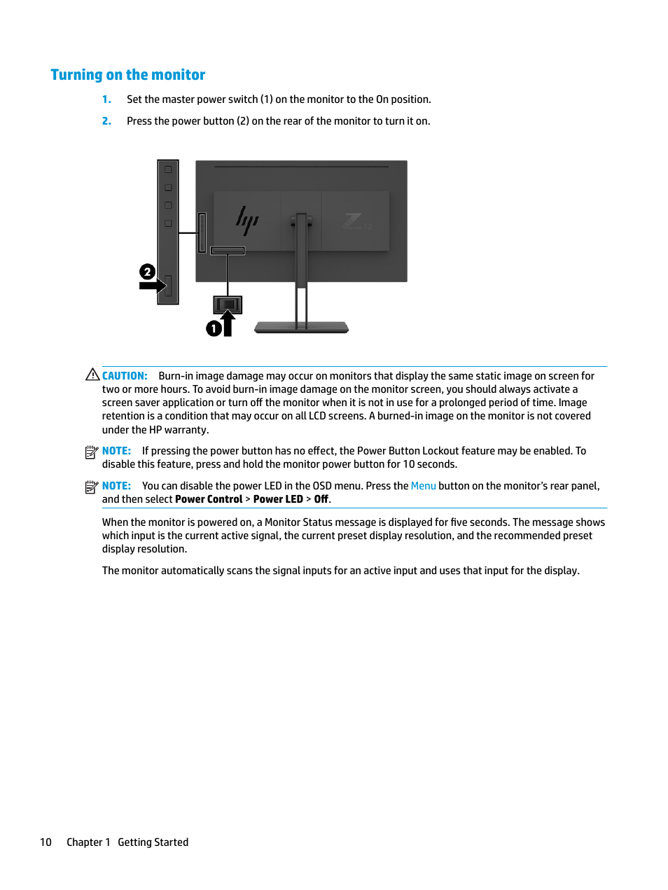 Turning on the monitor | HP Z32 31.5" 16:9 4K UHD IPS Display (Smart Buy) User Manual | Page 16 / 29