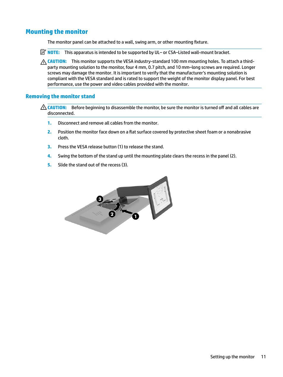 Mounting the monitor, Removing the monitor stand | HP Z32 31.5" 16:9 4K UHD IPS Display (Smart Buy) User Manual | Page 17 / 29