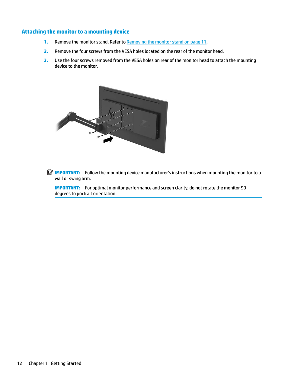 Attaching the monitor to a mounting device | HP Z32 31.5" 16:9 4K UHD IPS Display (Smart Buy) User Manual | Page 18 / 29