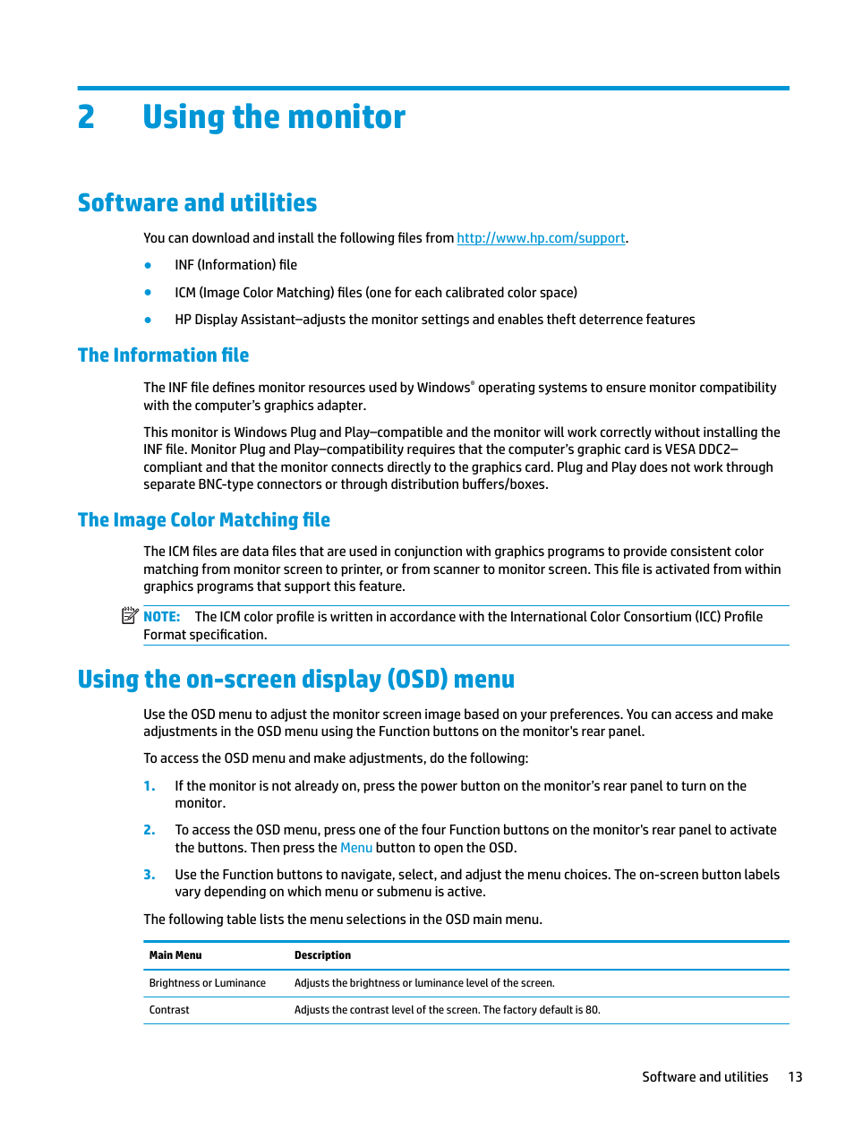 Using the monitor, Software and utilities, The information file | The image color matching file, Using the on-screen display (osd) menu, 2 using the monitor, The information file the image color matching file, 2using the monitor | HP Z32 31.5" 16:9 4K UHD IPS Display (Smart Buy) User Manual | Page 19 / 29