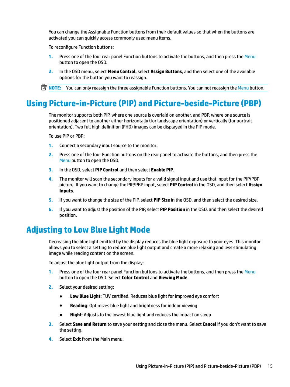 Adjusting to low blue light mode | HP Z32 31.5" 16:9 4K UHD IPS Display (Smart Buy) User Manual | Page 21 / 29