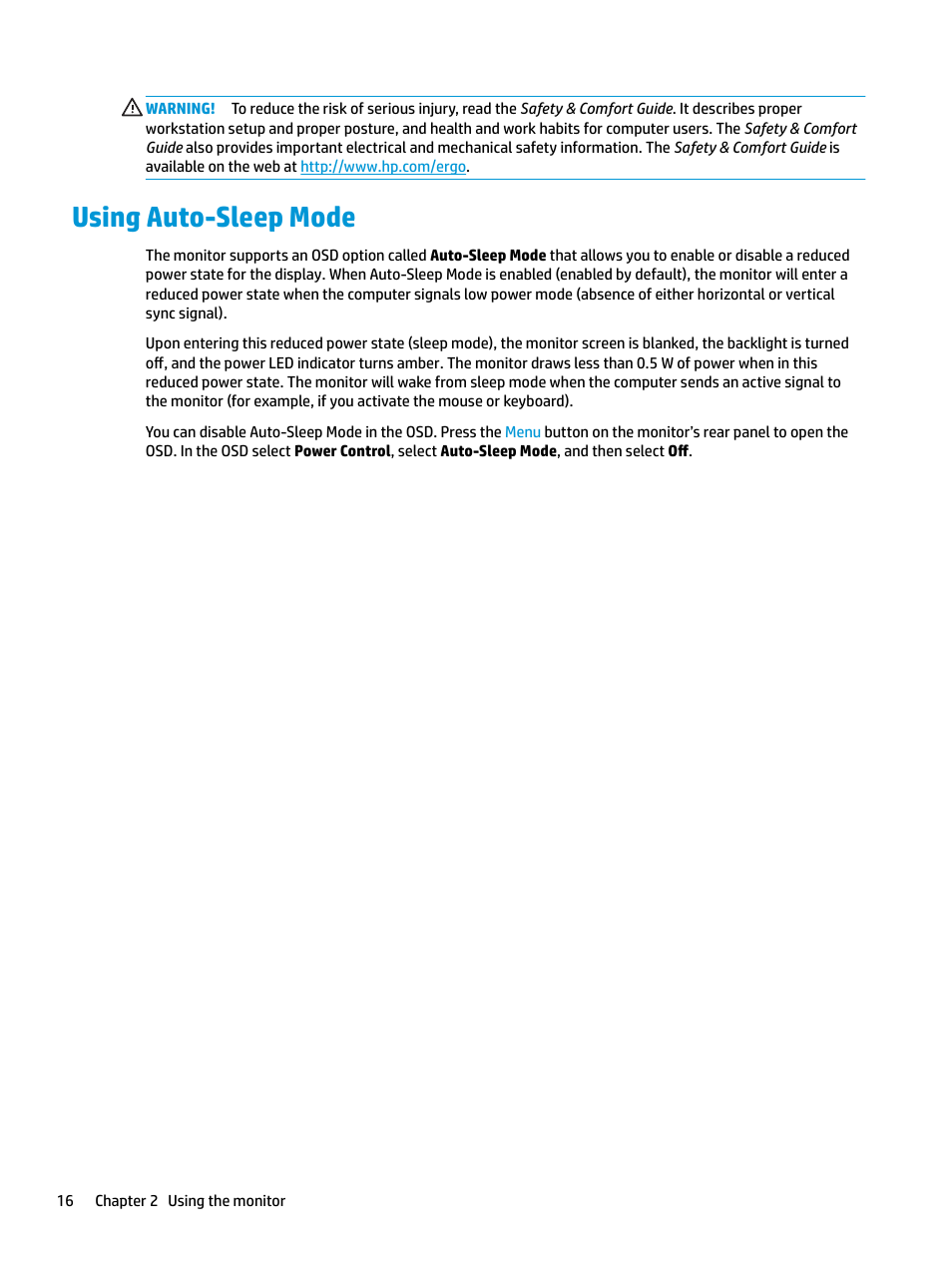 Using auto-sleep mode | HP Z32 31.5" 16:9 4K UHD IPS Display (Smart Buy) User Manual | Page 22 / 29