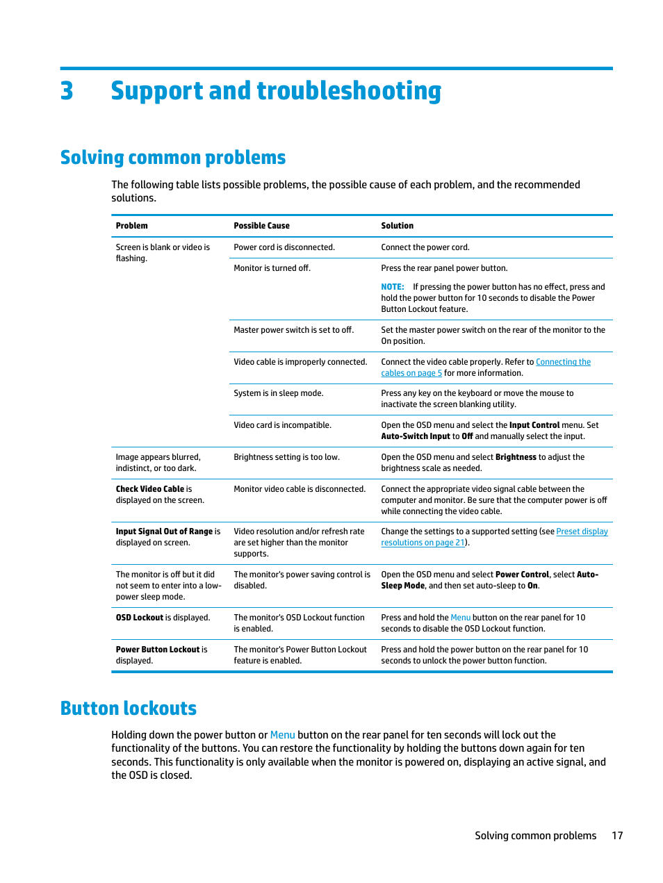 Support and troubleshooting, Solving common problems, Button lockouts | 3 support and troubleshooting, Solving common problems button lockouts, 3support and troubleshooting | HP Z32 31.5" 16:9 4K UHD IPS Display (Smart Buy) User Manual | Page 23 / 29