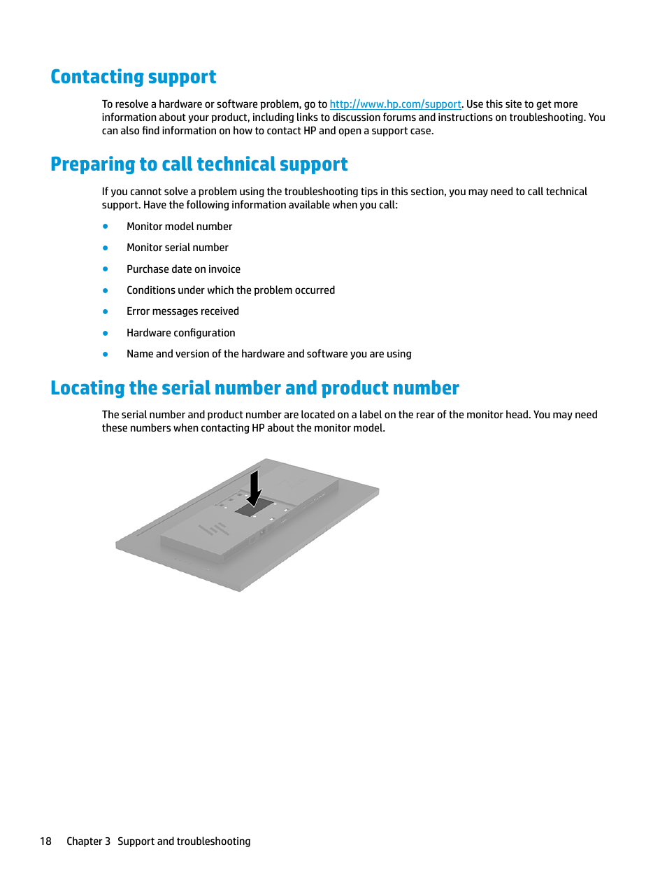 Contacting support, Preparing to call technical support, Locating the serial number and product number | HP Z32 31.5" 16:9 4K UHD IPS Display (Smart Buy) User Manual | Page 24 / 29