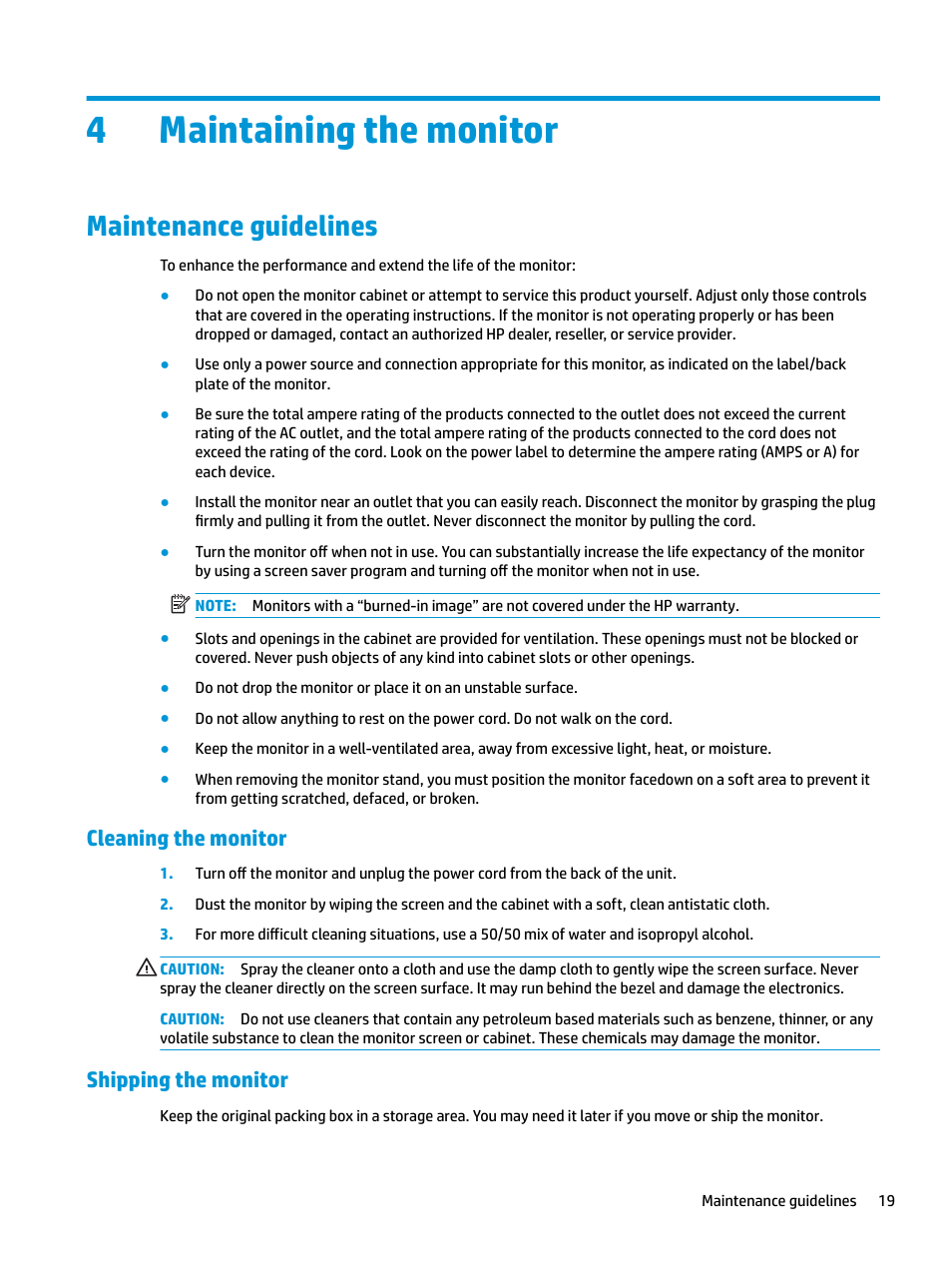 Maintaining the monitor, Maintenance guidelines, Cleaning the monitor | Shipping the monitor, 4 maintaining the monitor, 4maintaining the monitor | HP Z32 31.5" 16:9 4K UHD IPS Display (Smart Buy) User Manual | Page 25 / 29