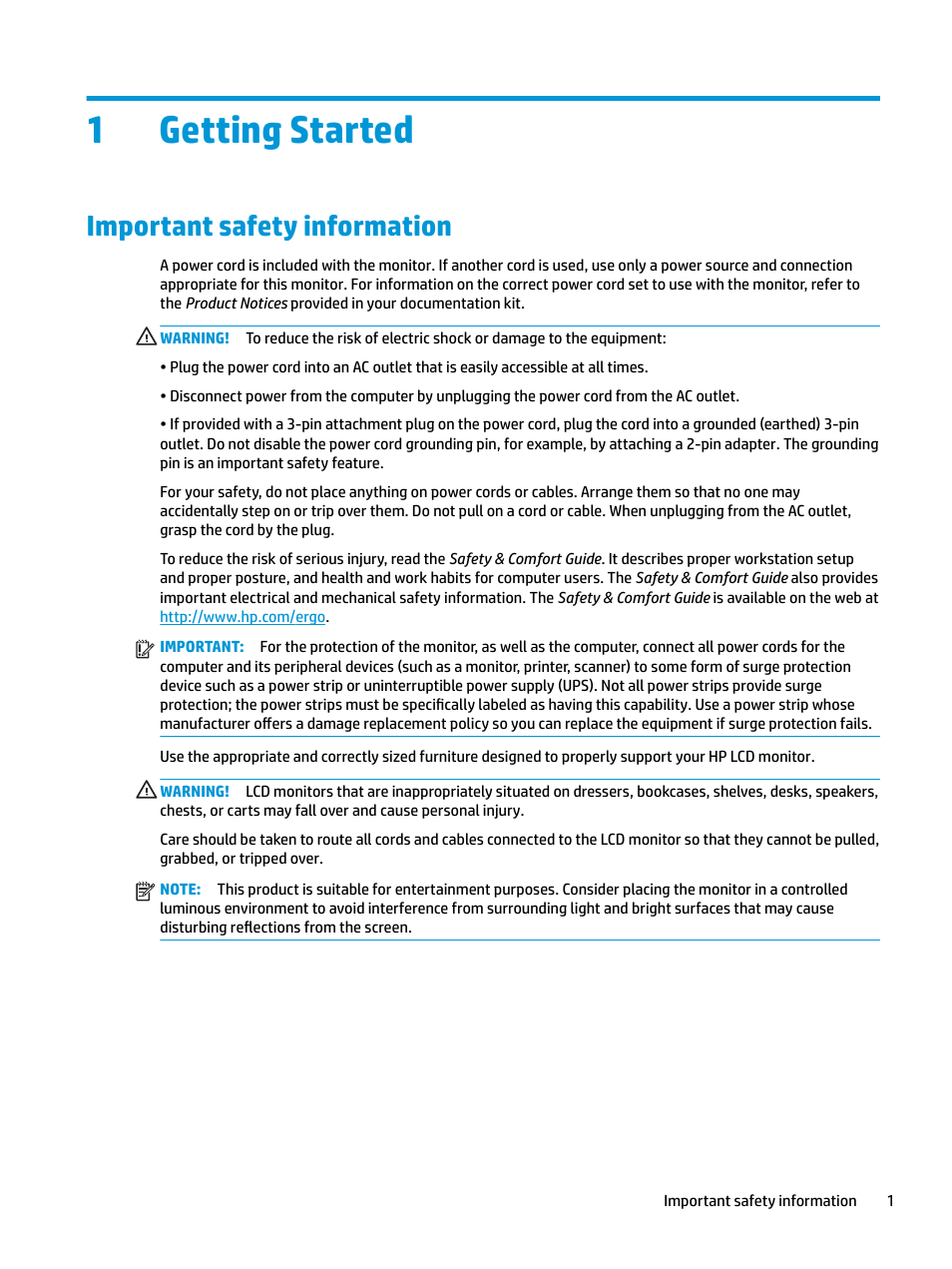 Getting started, Important safety information, 1 getting started | 1getting started | HP Z32 31.5" 16:9 4K UHD IPS Display (Smart Buy) User Manual | Page 7 / 29