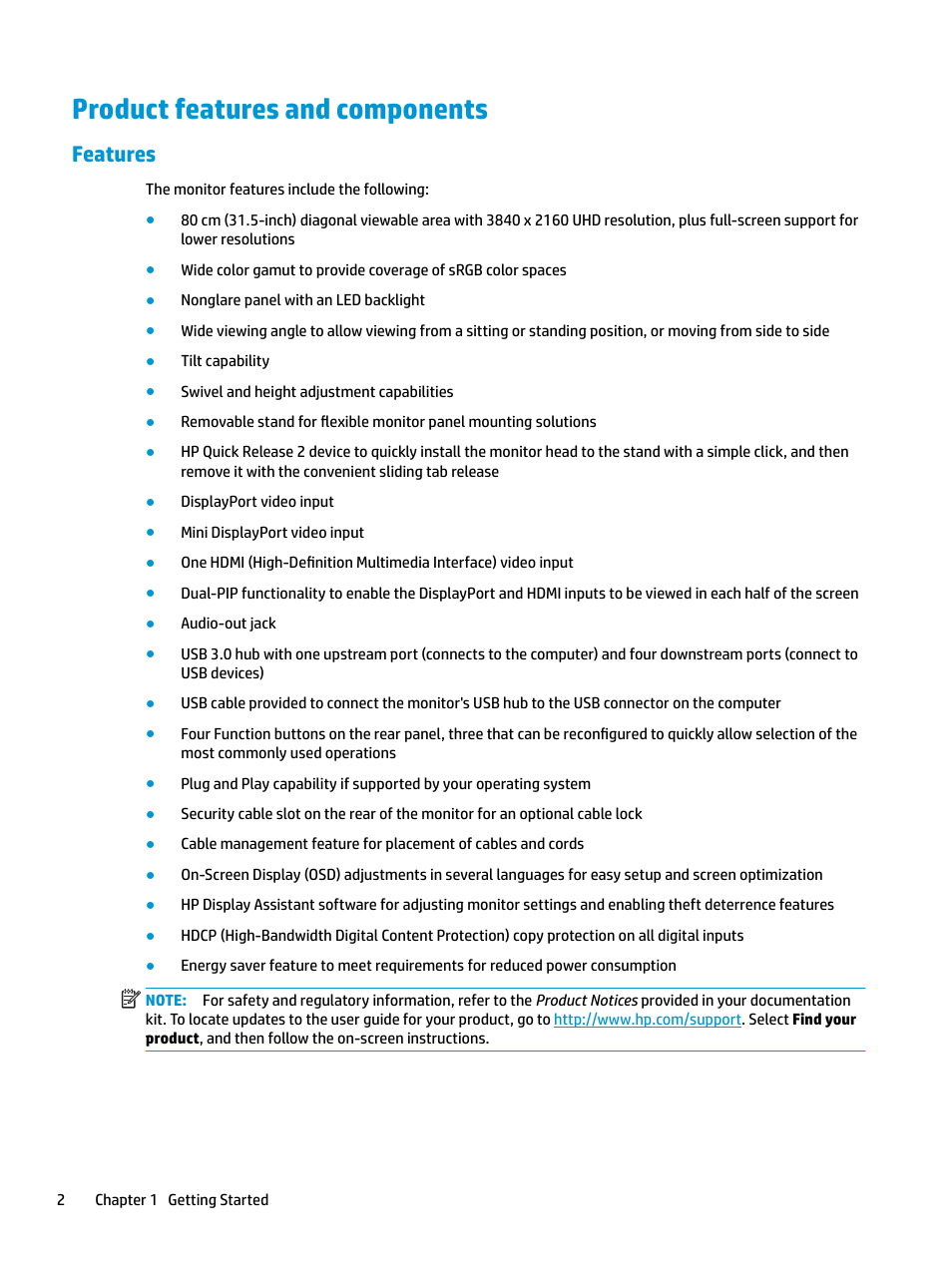 Product features and components, Features | HP Z32 31.5" 16:9 4K UHD IPS Display (Smart Buy) User Manual | Page 8 / 29