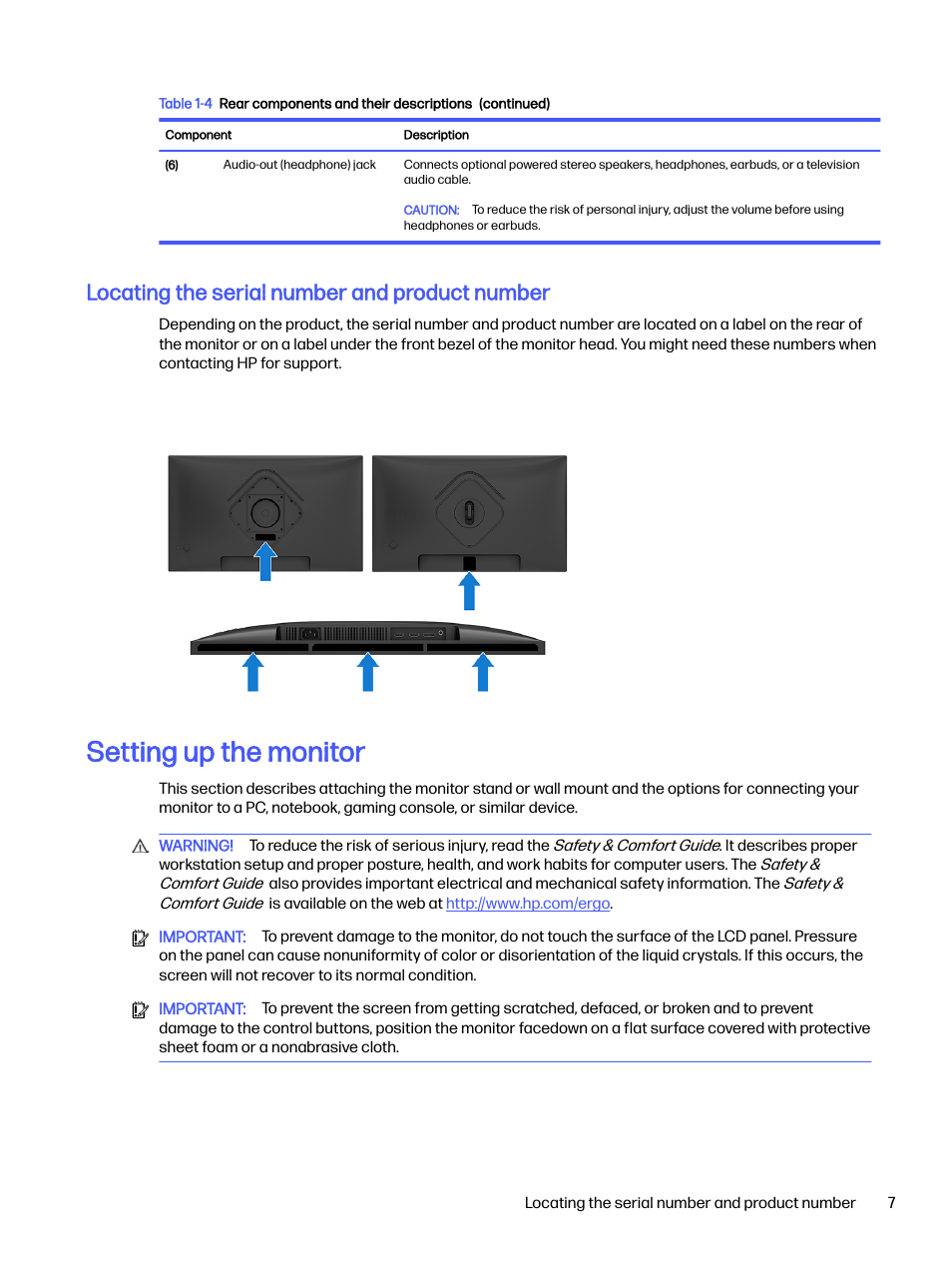 Locating the serial number and product number, Setting up the monitor | HP OMEN 27s 27" HDR 240 Hz Gaming Monitor User Manual | Page 12 / 49